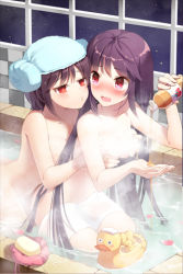Rule 34 | 2girls, bare arms, bare shoulders, bath, bird, blush, bottle, grabbing another&#039;s breast, breasts, brown hair, censored, collarbone, convenient censoring, duck, duckling, fang, gilse, grabbing, hat, holding, horns, imminent kiss, long hair, lowres, midriff, multiple girls, night, nude, o3o, open mouth, parted bangs, petals, pouring, purple hair, red eyes, rion flina, rubber duck, shampoo, short hair, sion flina, soap, spilling, steam, steam censor, sword girls, towel, very long hair, window