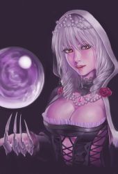 Rule 34 | 1girl, breasts, choker, claw (weapon), cleavage, drill hair, flower, gem, highres, hood, jewelry, large breasts, murasaki-sin, necklace, orb, pearl (gemstone), red eyes, rose, silver hair, solo, soul calibur, soulcalibur, soulcalibur v, viola (soulcalibur), weapon