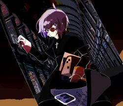 Rule 34 | 1boy, ahoge, asymmetrical hair, bandaid, bandaid on face, book, bright pupils, cross, cross necklace, dark background, flying paper, happy saint sheol, highres, holding, holding book, jewelry, library, locker, looking down, male focus, necklace, paper, priest, purple eyes, purple hair, qcu ssn, securett rafe, shadowed, solo, white pupils