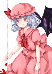 Rule 34 | 1girl, :d, ascot, bad id, bad pixiv id, bat wings, black wings, blood, blush, bow, collared shirt, fang, frilled shirt collar, frills, hair between eyes, hat, hat bow, highres, looking at viewer, mob cap, nanase nao, open mouth, pink hat, pink shirt, pink skirt, puffy short sleeves, puffy sleeves, red ascot, red bow, red eyes, remilia scarlet, shirt, short sleeves, silver hair, skirt, smile, solo, touhou, white background, wings