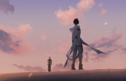 Rule 34 | 0109 (artist), 1boy, 1girl, arms at sides, bandaged arm, bandages, black hair, cloud, cloudy sky, facing away, highres, hooded robe, looking at another, rey (star wars), robe, sand, sky, standing, star wars, star wars: the rise of skywalker, walking, white robe, wind