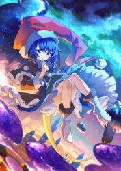 Rule 34 | 1girl, absurdres, ankle boots, black capelet, bloomers, blue eyes, blue hair, blush, book, boots, capelet, doremy sweet, dress, floating, hat, highres, index finger raised, jiege, long sleeves, multicolored clothes, multicolored dress, nightcap, open book, pom pom (clothes), red hat, short hair with long locks, sidelocks, solo, tail, tapir tail, touhou, underwear, white bloomers, white footwear