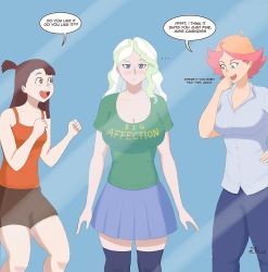 Rule 34 | ..., 10s, 3girls, :&lt;, amanda o&#039;neill, artist name, blue eyes, blush, breasts, brown hair, camisole, cleavage, cowboy shot, diana cavendish, english text, female focus, green hair, kagari atsuko, large breasts, little witch academia, looking at breasts, looking at viewer, multicolored hair, multiple girls, orange hair, shorts, skirt, speech bubble, standing, symbol-shaped pupils, thighhighs, thighs, thotticus-slayer, two-tone hair, wavy hair, white hair, zettai ryouiki