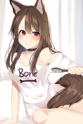 Rule 34 | 1girl, bare shoulders, bed sheet, blush, bottomless, breasts, brown hair, closed mouth, clothes writing, commentary request, english text, hair between eyes, hair brush, highres, holding, holding brush, long hair, looking at viewer, medium breasts, mizuki ryuu, off shoulder, original, red eyes, shirt, short sleeves, solo, tail, tail censor, white background, white shirt