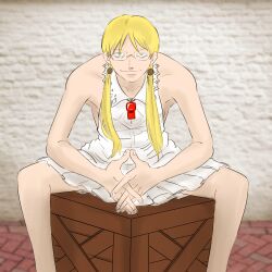 Rule 34 | 1girl, absurdres, armpits, blandji, blonde hair, box, breasts, dress, glasses, highres, interlocked fingers, low twintails, made in abyss, meme, oda eiichirou (style), on box, one piece, parody, red whistle, riko (made in abyss), sitting, sitting on box, sleeveless, sleeveless dress, small breasts, solo, spread legs, style parody, the one piece is real (meme), twintails, whistle, white dress