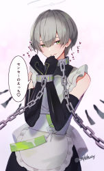 Rule 34 | 1boy, alternate costume, angel wings, apron, arene (arknights), arknights, black gloves, blush, chain, chain leash, closed mouth, clothing cutout, elbow gloves, enmaided, enpu (emplehuoy), gloves, green eyes, grey hair, hair between eyes, halo, highres, leash, leash pull, looking at viewer, maid, maid apron, male focus, short hair, shoulder cutout, simple background, smile, solo, translation request, trap, wings
