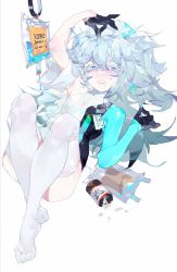 Rule 34 | 1girl, bad id, bad twitter id, blue eyes, blue hair, commentary request, dripping, drugs, full body, girls&#039; frontline, girls&#039; frontline neural cloud, gloves, hair between eyes, hat, highres, id card, intravenous drip, long hair, lying, messy hair, no shoes, nurse cap, on back, pa-15 (girls&#039; frontline), pill, pill bottle, rai (97417), sharp teeth, simple background, solo, teeth, thighhighs, white background