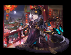 Rule 34 | 1girl, :d, animal, architecture, black border, black hat, black kimono, black panties, black thighhighs, blue eyes, blush, border, bug, butterfly, cityscape, cloud, cloudy sky, commission, east asian architecture, flower, full moon, fur-trimmed sleeves, fur trim, hat, highres, holding, holding smoking pipe, insect, japanese clothes, kimono, kiseru, kyjsogom, lantern, long hair, long sleeves, looking at viewer, looking to the side, mini hat, moon, mountain, navel, night, night sky, open mouth, original, outside border, panties, paper lantern, parted bangs, pink flower, railing, see-through, silver hair, sky, smile, smoking pipe, snow, solo, star (sky), starry sky, thighhighs, tree, underwear, veil, very long hair, watermark, web address, wide sleeves