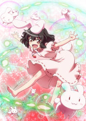 Rule 34 | 1girl, :3, puff of air, animal ears, bad hands, barefoot, black hair, rabbit, carrot, dress, inaba tewi, jewelry, lunamoon, necklace, outstretched arms, pendant, pink dress, puffy short sleeves, puffy sleeves, rabbit ears, rabbit girl, rabbit tail, red eyes, short sleeves, smile, solo, tail, too many, too many rabbits, touhou, | |