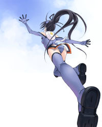 Rule 34 | 00s, 1girl, ass, black hair, blue thighhighs, boots, cloud, from behind, ichijou eika, leotard, long hair, motionslit, outdoors, outstretched arm, outstretched hand, pilot suit, ponytail, reaching, satou atsuki, sky, sky girls, solo, thigh boots, thighhighs