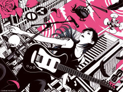 Rule 34 | 1girl, aircraft, arm tattoo, building, collarbone, crosswalk sign, falling feathers, feathers, flower, goth fashion, guitar, helicopter, instrument, limited palette, long hair, megaphone, original, pants, road sign, rose, shoulder tattoo, sign, skyscraper, solo, speaker, takanashi shin, tank top, tattoo