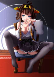 Rule 34 | 10s, 1girl, ahoge, bare shoulders, blue eyes, blush, boots, brown hair, detached sleeves, double bun, hair ornament, hairband, headgear, highres, japanese clothes, kantai collection, kongou (kancolle), kuku123, licking, licking hand, long hair, looking at viewer, nontraditional miko, personification, pleated skirt, saliva, skirt, solo, spread legs, thigh boots, thighhighs, tongue, tongue out