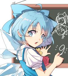 Rule 34 | 1girl, :o, absurdres, ahoge, ascot, blue bow, blue eyes, blue hair, bow, chalk, chalkboard, cirno, commentary, crystal wings, english commentary, eyelashes, highres, looking back, open mouth, parted bangs, shadow, shirt, short sleeves, simple background, solo, teeth, touhou, upper body, upper teeth only, white background, white shirt, ylong