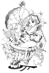 Rule 34 | 1girl, beamed quavers, bracelet, dress, greyscale, hat, instrument, jewelry, looking at viewer, merlin prismriver, monochrome, musical note, open mouth, platform footwear, quaver, sheet music, shoes, sitting, smile, socks, solo, touhou, uni mate
