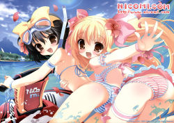 Rule 34 | 2girls, armband, ass, bikini, black hair, blonde hair, blush, bow, brown eyes, female focus, flower, frilled bikini, frills, goggles, hair bow, highres, jet ski, long hair, looking back, multiple girls, nicomi.com, official art, open mouth, outdoors, panties, short hair, skirt, sky, smile, snorkel, striped bikini, striped clothes, swimsuit, twintails, underwear, water, wristband, youta