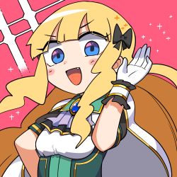 Rule 34 | 1girl, :d, black bow, blonde hair, blue eyes, blush stickers, bow, breasts, brooch, cape, fang, gloves, hair bow, hand up, highres, jewelry, lakilolom, long hair, looking at viewer, open mouth, pink background, princess connect!, puffy short sleeves, puffy sleeves, saren (princess connect!), shirt, short sleeves, sidelocks, small breasts, smile, solo, sparkle, upper body, v-shaped eyebrows, white cape, white gloves, white shirt