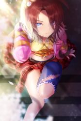 Rule 34 | 1girl, animal ears, arm up, bare legs, breasts, brown hair, denim, eyebrows hidden by hair, hair over one eye, hairband, highres, horse ears, horse girl, jacket, jeans, jewelry, looking at viewer, looking up, narita taishin (umamusume), necklace, pants, penguintake, red eyes, short hair, sitting, sitting on stairs, skirt, solo, stairs, sunlight, torn clothes, torn jeans, torn pants, umamusume