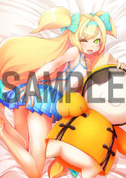 Rule 34 | 1girl, :p, ;p, arc system works, blazblue, blazblue: continuum shift, blonde hair, bow, child, flat chest, hair bow, jubei (blazblue), one eye closed, platinum the trinity, sample watermark, short twintails, tongue, tongue out, twintails, two side up, watermark