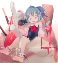 Rule 34 | 1girl, arm support, bare legs, bare shoulders, barefoot, blue dress, blue eyes, blue hair, blueberry, bow, cirno, clothing cutout, cup, d:, dress, food, fruit, full body, hair bow, highres, holding, ice, ice cream, ice wings, in food, leo (mewibos), looking down, mini person, minigirl, open mouth, pocky, puffy short sleeves, puffy sleeves, red ribbon, ribbon, short hair, short sleeves, shoulder cutout, sitting, solo, spoon, strawberry, strawberry syrup, sundae, touhou, wafer, wafer stick, whipped cream, wings