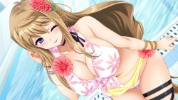 Rule 34 | 1girl, ;p, arm at side, bikini, blonde hair, blue eyes, blush, breasts, cleavage, embarrassed, female focus, flower, from above, game cg, hand up, highres, hiiragi akao, jinki, jinki resurrection, large breasts, legs, light blush, long hair, looking at viewer, navel, one eye closed, original, pool, solo, standing, swimsuit, thighs, tongue, tongue out, tsunashima shirou, water
