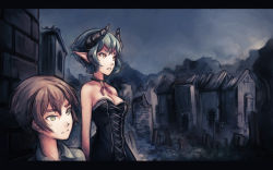 Rule 34 | 1boy, 1girl, bare shoulders, breasts, brown hair, choker, cleavage, collar, demon girl, dress, fiend (juniper&#039;s knot), game cg, green eyes, green hair, height difference, highres, horns, juniper&#039;s knot, letterboxed, male protagonist (juniper&#039;s knot), medium breasts, pointy ears, ruins, short hair, softmode, strapless, strapless dress, wallpaper, yellow eyes