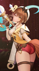 Rule 34 | 1girl, absurdres, artist name, atelier (series), atelier ryza, atelier ryza 2, azur lane, belt, breasts, brown belt, brown eyes, brown gloves, brown hair, from behind, gloves, hand up, heatia, highres, index finger raised, jacket, large breasts, leather, leather belt, leather gloves, looking at viewer, off shoulder, pants, pantylines, partially fingerless gloves, red shorts, reisalin stout, shirt, short shorts, shorts, single glove, single thighhigh, sleeveless, sleeveless jacket, sleeveless shirt, staff, thick thighs, thigh strap, thighhighs, thighs, tight clothes, tight pants, white headwear, yellow jacket
