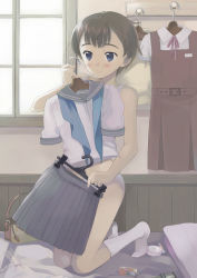 Rule 34 | 1girl, bag, bare shoulders, bed, blue eyes, brown hair, clothes hanger, clothes in front, covering privates, handbag, kazuto izumi, lace, lace-trimmed panties, lace trim, original, panties, school uniform, serafuku, short hair, solo, underwear, white panties