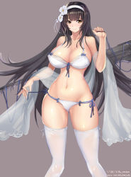 Rule 34 | 1girl, bad id, bad pixiv id, bikini, black hair, blush, breasts, closed mouth, collarbone, cowboy shot, etidekailo, flower, girls&#039; frontline, groin, hair flower, hair ornament, hairband, large breasts, long hair, looking at viewer, navel, official alternate costume, shawl, smile, solo, stomach, swimsuit, thighhighs, type 95 (girls&#039; frontline), type 95 (summer cicada) (girls&#039; frontline), very long hair, white bikini, white hairband, white thighhighs, yellow eyes