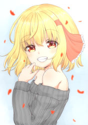 Rule 34 | 1girl, alternate costume, arm up, bare shoulders, blonde hair, blue background, commentary request, fang, finger to cheek, from side, gradient background, grey sweater, grin, hair between eyes, hair ribbon, looking at viewer, off-shoulder sweater, off shoulder, petals, red eyes, ribbed sweater, ribbon, rumia, scarlet mirin, short hair, smile, solo, standing, sweater, teeth, touhou, upper body