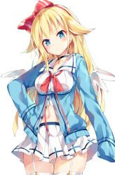 Rule 34 | 1girl, black choker, blonde hair, blue eyes, blue jacket, blush, breasts, choker, closed mouth, collarbone, commentary request, cowboy shot, crop top, cross, frown, garter straps, hair flaps, hair ribbon, hand on own hip, head tilt, highres, jacket, long hair, long sleeves, looking at viewer, lucia primrose, midriff, miniskirt, navel, original, pleated skirt, red ribbon, ribbon, shirt, sidelocks, simple background, skirt, sleeves past fingers, sleeves past wrists, solo, stomach, thighhighs, unacchi (nyusankin), v-shaped eyebrows, white background, white shirt, white skirt, white thighhighs, wing collar, zettai ryouiki