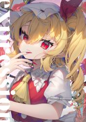 Rule 34 | 1girl, ascot, blonde hair, commentary, english commentary, english text, flandre scarlet, frilled shirt collar, frills, gunjou row, hat, long hair, long sleeves, looking at viewer, mob cap, nail polish, pointy ears, red eyes, short sleeves, side ponytail, slit pupils, solo, touhou