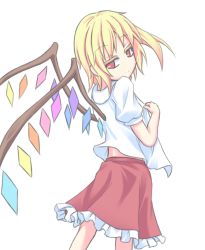 Rule 34 | 1girl, back, bad id, bad pixiv id, blonde hair, colored eyelashes, eyebrows, eyelashes, female focus, flandre scarlet, looking at viewer, looking back, lv21, no headwear, open clothes, open shirt, red eyes, shirt, side ponytail, skirt, smile, solo, thick eyebrows, touhou, undressing, wings