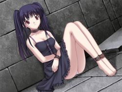 Rule 34 | 00s, 1girl, ankle cuffs, artistic error, ayamori shizu, bad anatomy, barefoot, bdsm, black hair, bondage, bound, brown eyes, cuffs, d.gray-man, daughter maker 2, dress, feet, game cg, long hair, non-web source, panties, pantyshot, shackled, shackles, sitting, solo, toes, twintails, underwear