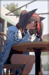 Rule 34 | 1girl, angelina (arknights), arknights, black border, black choker, black gloves, black shorts, blue sky, blush, border, brown hair, building, chair, choker, coat, day, feet out of frame, gift, gloves, had (had314), hairband, highres, holding, holding gift, long hair, long sleeves, looking at viewer, off shoulder, open clothes, open coat, outdoors, parted lips, red eyes, red hairband, short shorts, shorts, sitting, sky, smile, solo, sunlight, table, twintails, two-tone hairband, valentine, white coat
