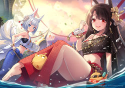 Rule 34 | 2girls, akagi (azur lane), alternate costume, animal ear fluff, animal ears, azur lane, barefoot, commentary, english commentary, fox ears, fox girl, fox tail, hair ornament, highres, hm (hmongt), holding, jewelry, kaga (azur lane), looking at viewer, manjuu (azur lane), multiple girls, necklace, single bare shoulder, smile, stomach, sunglasses, tail, thai clothes, thighs, water