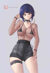Rule 34 | 1girl, absurdres, alternate breast size, audio jack, bikini, bikini top only, black collar, black shorts, blue hair, blunt bangs, boku no hero academia, breasts, bridal gauntlets, brown eyes, cameltoe, chain, closed mouth, collar, covered erect nipples, covered navel, cowboy shot, facial mark, fishnet bridal gauntlets, fishnet top, fishnets, goth fashion, gothic, grey background, hand on own hip, hand up, heart collar, high-waist shorts, highres, jirou kyouka, long earlobes, looking at viewer, medium breasts, melowh, pasties, patreon username, short hair, short shorts, shorts, sidelocks, simple background, solo, studded collar, swimsuit, thigh strap
