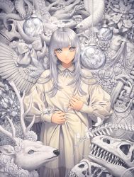 Rule 34 | 1girl, angel wings, antlers, bow, bubble, bug, butterfly, crack, crystal, dress, feathered wings, fishnets, flower, grey eyes, grey hair, halo, highres, horns, insect, leaf, long hair, long sleeves, looking at viewer, minami (minami373916), mushroom, original, plant, single wing, skull, solo, spine, tentacles, upper body, white bow, white butterfly, white dress, wings