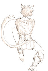 Rule 34 | 1boy, animal ears, ass, belt, boots, cat boy, cat ears, cat tail, clothing cutout, cross-laced clothes, facing away, feet out of frame, final fantasy, final fantasy xiv, from behind, hand on own foot, highres, invisible chair, knee boots, knee up, male focus, miqo&#039;te, monochrome, nape, ricemune723623, shoe soles, short hair, simple background, sitting, solo, tail, tail through clothes, tunic