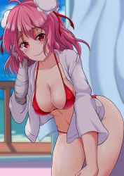 Rule 34 | 1girl, bandaged arm, bandages, bent over, bikini, blurry, blurry background, breasts, bun cover, cleavage, closed mouth, cowboy shot, curtains, double bun, hair bun, hand in own hair, highres, ibaraki kasen, jacket, long sleeves, looking at viewer, medium breasts, medium hair, nioti, pink hair, pom pom (clothes), red bikini, red eyes, smile, solo, standing, swimsuit, touhou, white jacket, wide sleeves