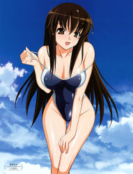 Rule 34 | 00s, 1girl, absurdres, aki sora, aoi aki, bare shoulders, breasts, brown eyes, brown hair, cleavage, highres, kuroda kazuya, large breasts, leaning forward, long hair, nail polish, one-piece swimsuit, open mouth, solo, strap lift, strap slip, swimsuit, wet