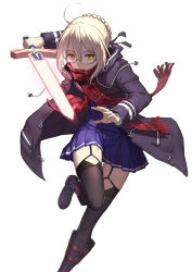 Rule 34 | 1girl, ahoge, artoria pendragon (all), artoria pendragon (fate), black-framed eyewear, black ribbon, black thighhighs, blonde hair, blue skirt, boots, braid, coat, covered mouth, duffel coat, excalibur (fate/stay night), fame peera, fate/grand order, fate (series), french braid, fringe trim, full body, garter straps, glasses, hair between eyes, hair ribbon, highres, holding, holding sword, holding weapon, knee boots, long sleeves, looking at viewer, mysterious heroine x alter (fate), mysterious heroine x alter (first ascension) (fate), neckerchief, plaid, plaid scarf, pleated skirt, red neckerchief, red scarf, ribbon, saber (fate), scarf, school uniform, semi-rimless eyewear, serafuku, short hair with long locks, sidelocks, simple background, skirt, solo, standing, standing on one leg, sword, thighhighs, under-rim eyewear, weapon, white background, yellow eyes