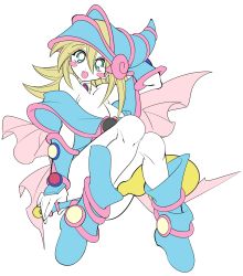 Rule 34 | 1girl, ass, bare shoulders, blonde hair, blue footwear, blush, blush stickers, boots, breasts, choker, cleavage, dark magician girl, detached sleeves, duel monster, green eyes, hat, large breasts, long hair, looking at viewer, misaka (missa), open mouth, pentacle, smile, solo, staff, wizard hat, yu-gi-oh!