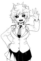 Rule 34 | 10s, 1girl, absurdres, arm up, ashido mina, blush, boku no hero academia, breasts, buttons, commentary request, cowboy shot, greyscale, hand on own hip, highres, himajin noizu, horns, large breasts, long sleeves, looking at viewer, monochrome, necktie, open mouth, pleated skirt, short hair, simple background, skirt, solo, white background