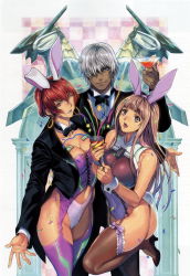 Rule 34 | 00s, 1boy, 2girls, alcohol, animal ears, bare shoulders, blazer, blue eyes, bow, bowtie, breasts, brown eyes, brown hair, choker, cleavage, coattails, cocktail glass, confetti, corset, covered navel, cup, dark-skinned male, dark skin, detached collar, dingo egret, drink, drinking glass, earrings, fake animal ears, formal, garter belt, garter straps, girl sandwich, glass, hair over one eye, happy, high heels, highres, homare (fool&#039;s art), hoop earrings, jacket, jehuty, jewelry, ken marinaris, konami, large breasts, leg lift, leotard, lipstick, long hair, looking at viewer, looking up, makeup, multiple girls, navel, one eye closed, open mouth, party popper, pink eyes, pink hair, playboy bunny, purple lips, rabbit ears, rabbit tail, red eyes, red hair, sandwiched, shoes, short hair, silver hair, skin tight, sleeveless, smile, statue, suit, tail, tailcoat, thighhighs, tuxedo, tuxedo jacket, viola guines, wink, wrist cuffs, zone of the enders, zone of the enders 2
