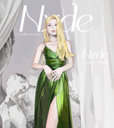 Rule 34 | 1girl, blonde hair, blue eyes, breasts, collarbone, dress, formal, g-i-dle, green dress, highres, k-pop, long hair, own hands together, parted lips, real life, small breasts, solo, song name, statue, superwakas, white nails, yeh shuhua