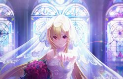 Rule 34 | 1girl, bare shoulders, blonde hair, blush, bouquet, breasts, bridal veil, church, cleavage, closed mouth, dress, flower, hair between eyes, hair over eyes, holding, holding bouquet, idolmaster, idolmaster cinderella girls, idolmaster cinderella girls starlight stage, indoors, kurosaki chitose, long hair, looking at viewer, official art, outstretched hand, red eyes, red flower, sleeveless, smile, solo, stained glass, strapless, upper body, veil, very long hair, wedding dress, white dress