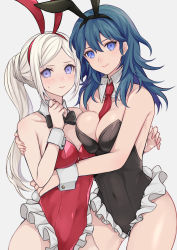 Rule 34 | 2girls, absurdres, animal ears, asymmetrical docking, banned artist, bare arms, bare shoulders, black bow, black bowtie, black hairband, black leotard, blue eyes, blue hair, blush, bow, bowtie, breast press, breasts, byleth (female) (fire emblem), byleth (fire emblem), cleavage, commentary request, covered navel, cowboy shot, detached collar, edelgard von hresvelg, fake animal ears, fire emblem, fire emblem: three houses, frilled leotard, frills, grey background, hair between eyes, hairband, highres, large breasts, leotard, long hair, looking at viewer, medium breasts, multiple girls, nintendo, playboy bunny, purple eyes, rabbit ears, red hairband, red leotard, shimizu akina, silver hair, simple background, standing, strapless, strapless leotard, thighs, yuri