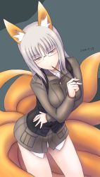 Rule 34 | 10s, 1girl, animal ears, brave witches, breasts, edytha rossmann, female focus, fox ears, fox tail, glasses, grey hair, legs, medium breasts, military, military uniform, multiple tails, pointer, sabamu, seductive smile, smile, solo, strike witches, tail, uniform, world witches series