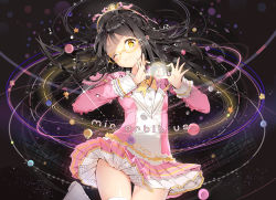 Rule 34 | 1girl, ;3, anmi, black hair, blush, boots, breasts, dress, glasses, hat, heart, heart hands, key, long hair, one eye closed, orbit, original, planet, small breasts, smile, solo, thighhighs, yellow eyes