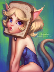 Rule 34 | 1girl, 2015, animal ears, artist name, ayya sap, blonde hair, blue eyes, bread, bread slice, cat ears, cat girl, cat tail, eyelashes, food, highres, looking at viewer, one-piece swimsuit, original, simple background, sitting, swimsuit, tagme, tail